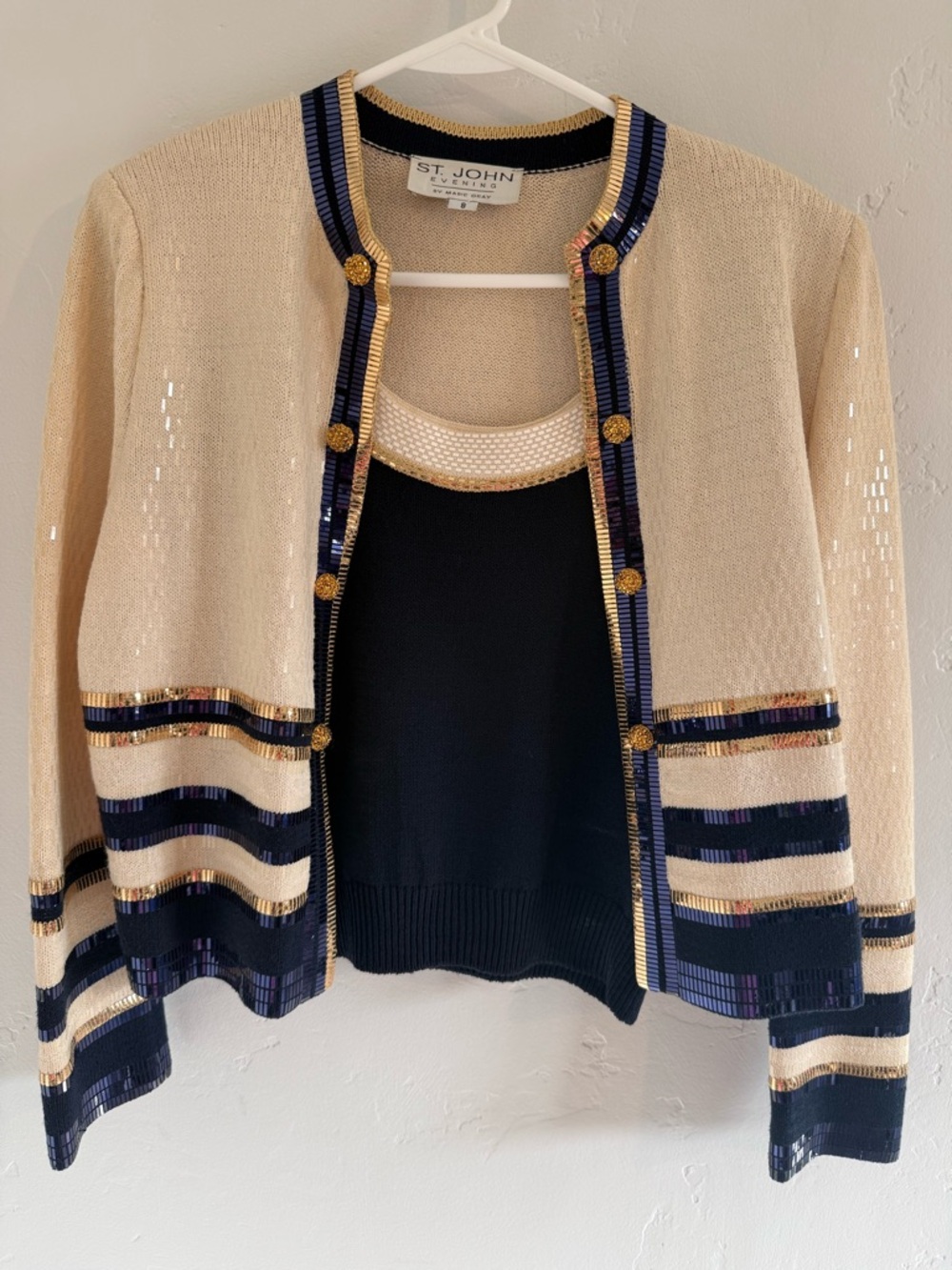St John Evening Marie Gray Knit Set Gold Trim Sequin Cardigan S 8